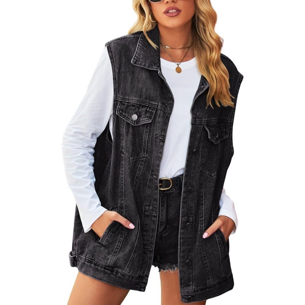 Women’s Oversized Denim Jean Vest Button Closure Pockets Casual Sleeveless